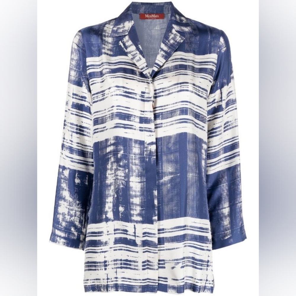 Max Mara Studio Franca Printed 100% Silk Shirt Blouse Abstract Striped Size 10 - Picture 3 of 16